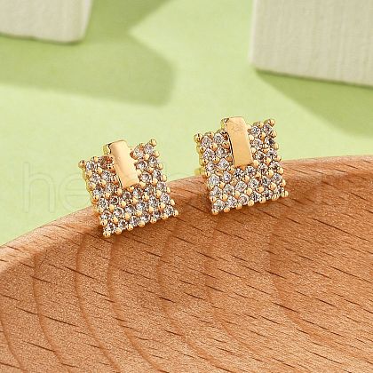 Square Brass Micro Pave Clear Cubic Zirconia Stud Earrings for Women EJEW-G428-12G-02-1
