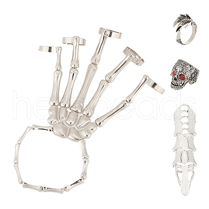 ANATTASOUL Siam Rhinestone Skull Wide Dome & Eagle Claw & Finger Nail Tip Claw Rings & Skeleton Full Hand Ring Bracelet AJEW-AN0007-07-1