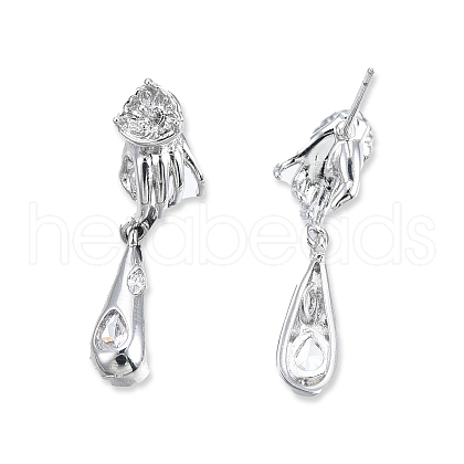 Brass Pave Clear Cubic Zirconia Hand with Teardrop Dangle Stud Earring Findings KK-N232-477P-A-1