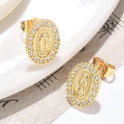 Oval with Virgin Mary Brass Micro Pave Clear Cubic Zirconia Stud Earrings EJEW-D305-10G-1