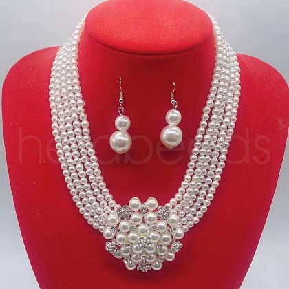 Flower Plastic Pearl Round Beaded Multilayer Necklaces & Dangle Earrings Sets FS-WG7C7AA-01-1
