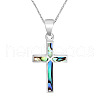304 Stainless Steel Pave Natural Paua Shell Religion Cross Pendant Necklaces for Women FS-WG66782-01-5