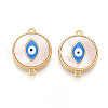 Brass Pave Natural Shell Flat Round Connector Charms KK-N258-10G-1