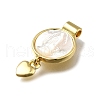 Brass Pave Natural White Shell Flat Round with Heart Pendants KK-C090-37G-3