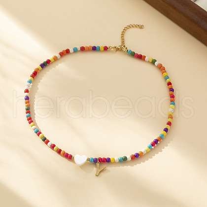 Heart Natural Shell & Colorful Glass Seed Round Beaded Necklaces FS-WGE10D5-24-1