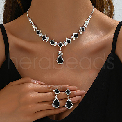Teardrop & Rhombus Brass Rhinestone Pendant Necklaces & Stud Dangle Earrings Sets FS-WG09414-02-1