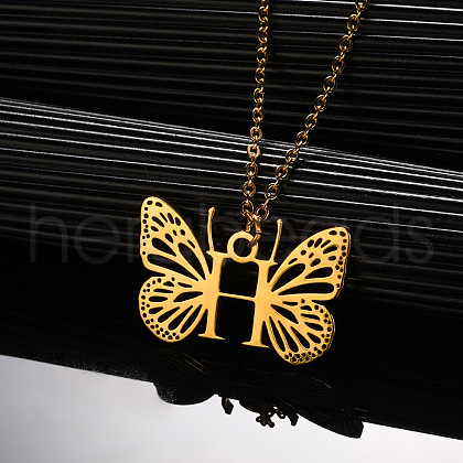 304 Stainless Steel Butterfly Initial Pendant Necklaces WG80197-08-1