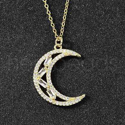 Brass Micro Pave Clear Cubic Zirconia Moon Pendant Necklaces for Women NJEW-D311-02B-G-1