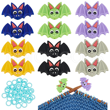 BENECREAT 12Pcs 6 Colors Bat Halloween Theme Silicone Focal Beads with 50Pcs Plastic Knitting Stitch Marker Rings SIL-BC0001-11-1