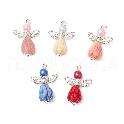 Opaque Resin Flower Rose Beads with Glass Pearl Round Bead and Tibetan Style Alloy Fairy Wing Beads and Brass Ball Head pins Pendants PALLOY-JF03594-02-1