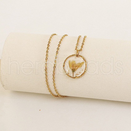Alloy & Plastic Inner Flower Flat Round Pendant Necklaces FS-WG8915D-08-1