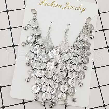 Coin Tassel Alloy Pendant Necklaces & Dangle Earrings Sets FS-WG02570-02-1