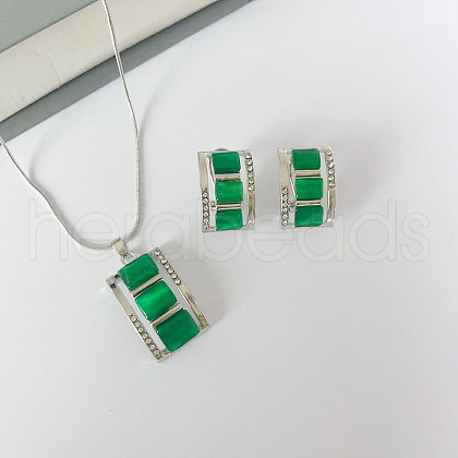 Rectangle Alloy & Cat Eye & Crystal Rhinestone Pendant Necklace & Stud Earring Sets FS-WG998B2-02-1