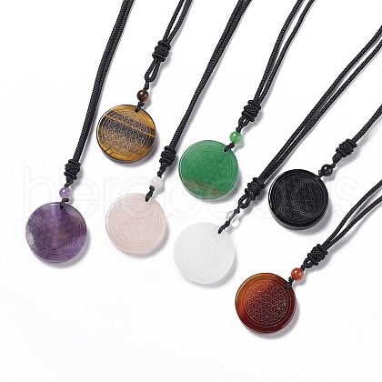 Natural Gemstone Flat Round with Flower of Life Pendant Necklace with Nylon Cord for Women NJEW-P274-02-1