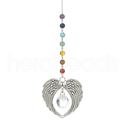 Glass Teardrop & Tibetan Style Alloy Wing Big Pendant Decorations HJEW-TA00065-1