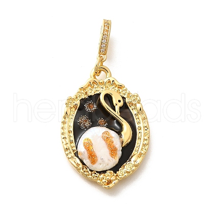 Brass Black Enamel Oval Pendants with Glitter Powder KK-K398-15G-1