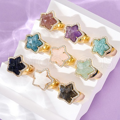Star Natural Gemstone Cubic Zirconia Cuff Rings RJEW-M076-02G-1
