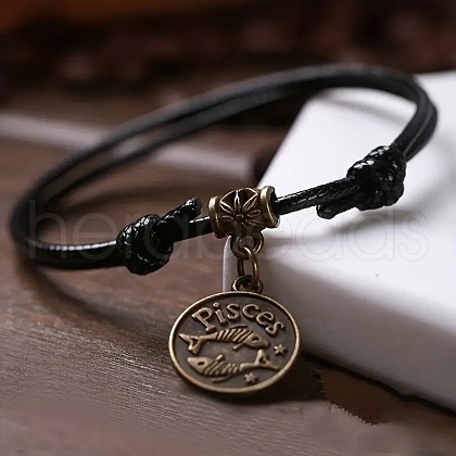 Alloy Flat Round with Constellation Charms Double Layer Black Imitation Leather Cord Adjustable Anklets WGE0879-07-1