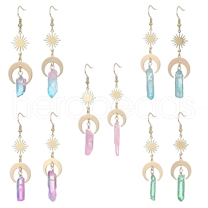 Dyed Natural Quartz Crystal Bullet Dangle Earrings EJEW-JE05310-1