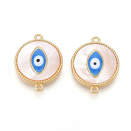 Brass Pave Natural Shell Flat Round Connector Charms KK-N258-10G-1