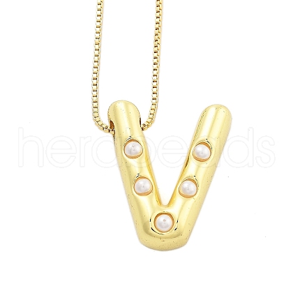 Brass & Plastic Pearl Letter Pendant Box Chain Necklaces for Women NJEW-U017-01G-22-1
