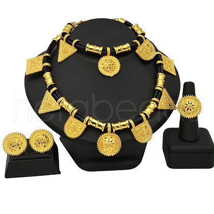 Flat Round & Triangle Alloy with Imitation Leather Cord Pendant Necklaces & Stud Earrings & Charm Bracelets & Rings Sets FS-WG3B623-01-1