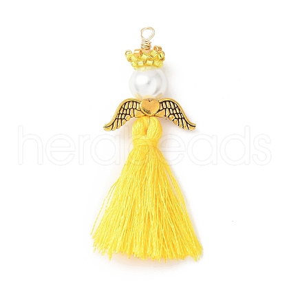 Glass Pearl Round Beaded with Polycotton Tassel Big Pendants PALLOY-MZ00611-01-1