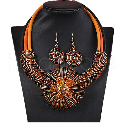 Flat Round with Flower Pattern Alloy with Aluminum Wire Wrapped Resin Pendant Necklaces & Dangle Earrings Sets FS-WGBBA49-04-1