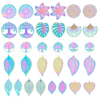 DICOSMETIC 32Pcs 16 Style Ion Plating(IP) 201 Stainless Steel Filigree Pendants STAS-DC0006-64-1