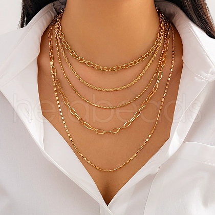 5Pcs 5 Styles Iron & Brass Chain Necklaces Set NJEW-V003-06G-1