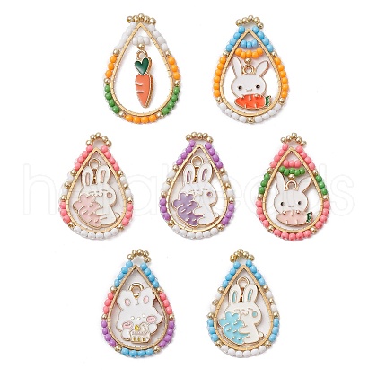 7Pcs 7 Styles Easter Theme Glass Seed Beaded Teardrop with Rabbit Carrot Pendants PALLOY-MZ00580-1