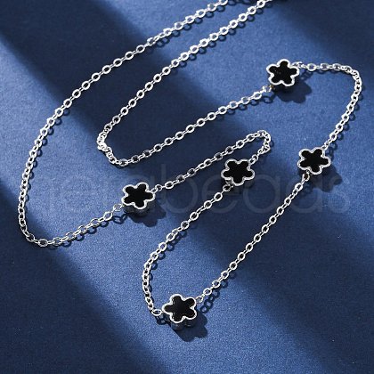 304 Stainless Steel & Imitation Black Shell Flower Link Chain Necklaces NJEW-R026-25P-1