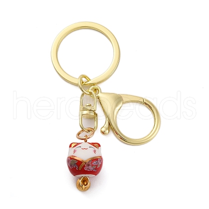Fortune Cat Porcelain Pendant Keychain KEYC-G064-03A-1