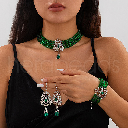 Teardrop Alloy & Glass Rhinestone Pendant Necklace & Stud Dangle Earring & Bracelet FS-WG89F11-12-1