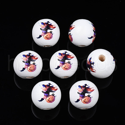 Halloween Printed Natural Wood Beads WOOD-S057-084-1