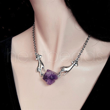 Both Hands Alloy with Nuggets Natural Amethyst Pendant Necklaces FS-WG3CF2D-01-1