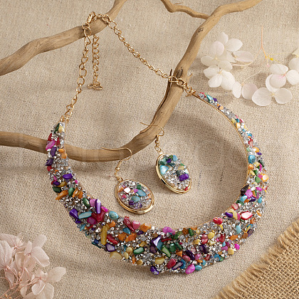 Oval Alloy Paillette Choker & Dangle Earring Sets FS-WG10B0F-04-1