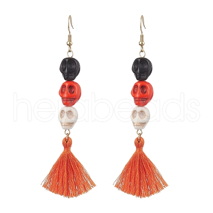 Halloween Skull Synthetic Dyed Turquoise Dangle Earrings EJEW-JE05883-01-1