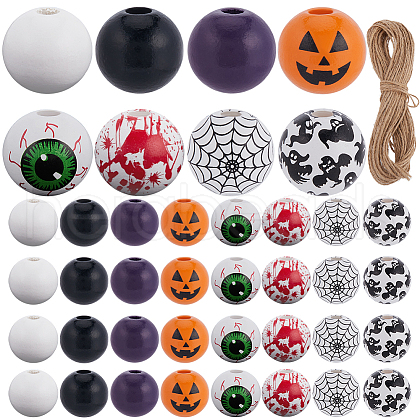 SOFPLATE 210Pcs 8 Styles Halloween Theme Printed Natural Wooden Beads WOOD-SP0001-07-1