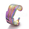 Rainbow Color Ion Plating(IP) 304 Stainless Steel Feather Wrap Open Cuff Ring for Women RJEW-A005-20-2