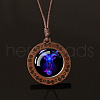Flat Round with Twelve Constellations Blue Glass & Wood Pendant Waxed Leather Cord Necklace for Women Men WG486C3-10-1