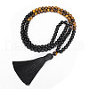 Natural Black Stone & Tiger Eye 108 Mala Prayer Round Beaded Wrap Necklaces with Long Tassel FS-WG54ED5-02-2