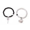 2Pcs Valentine's Day Natural Mashan Jade & Black Onyx Round Beads Stretch Bracelets for Couple BJEW-JB11649-2