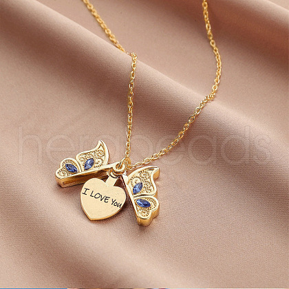 I Love You  Butterfly Alloy Capri Blue Rhinestone Pendant Necklaces for Women WG31A73-03-1