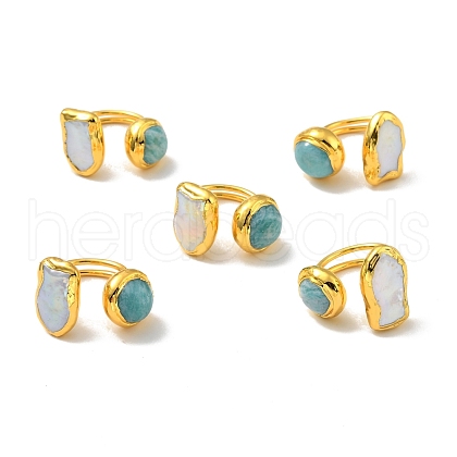 Half Round Natural Pearl & Amazonite Nugget Open Cuff Ring RJEW-F125-01G-1
