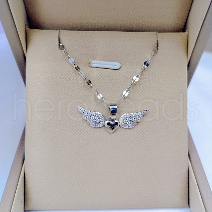 Brass Micro Pave Clear Cubic Zirconia Angel Wing Heart Pendant Necklaces FS-WG253B6-02-1