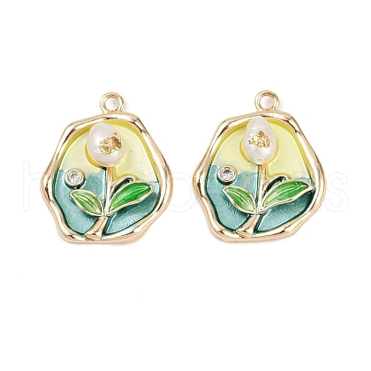 Brass Enamel & Natural Pearl Oval with Rose Flower Pendants KK-K351-47G-02-1