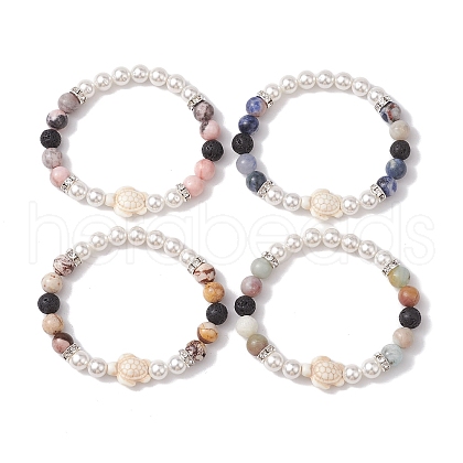 8mm Round Gemstone & Shell Pearl Beaded Stretch Bracelets BJEW-JB10317-1