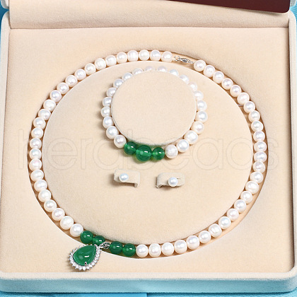 Mother's Day Jewellery Natural Freshwater Pearl Chrysoprase Beaded Necklace & Bracelets & Earrings Sets for Women WGE4EAE-45-1