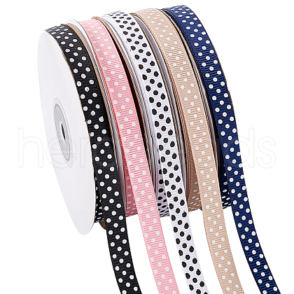   6 Rolls 6 Colors Polyester Polka Dot Print Grosgrain Ribbon OCOR-PH0004-28-1